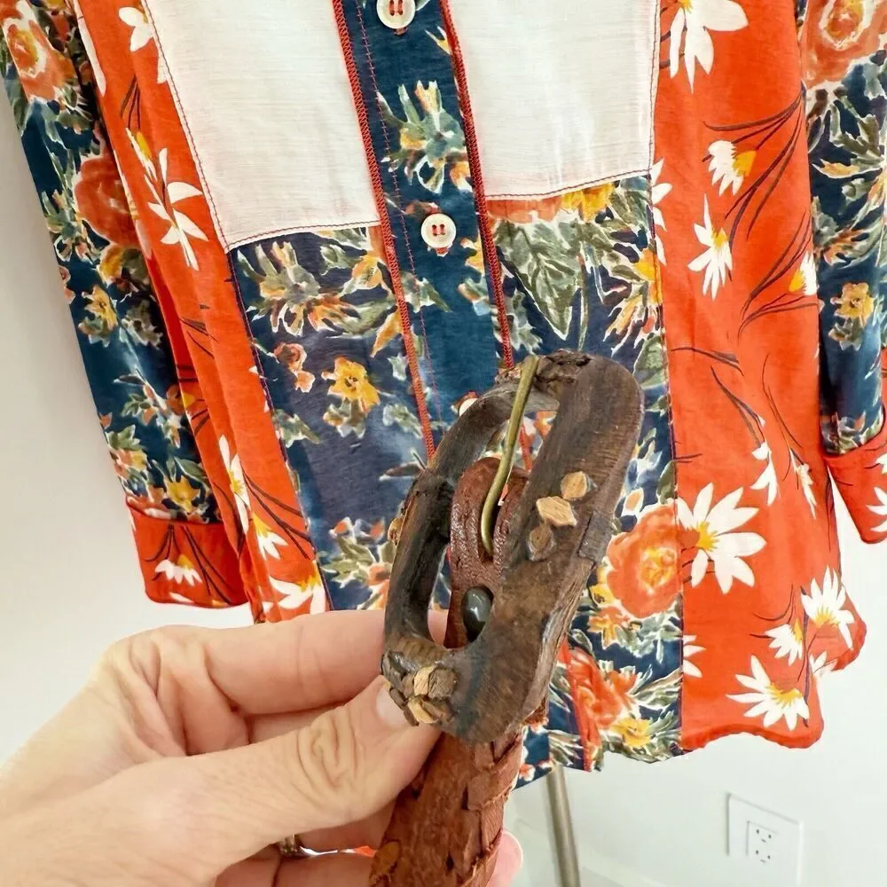 Vintage Hand Made Tooled Brown Western Leather Belt Mexico Wood Buckle 26-30 Sm